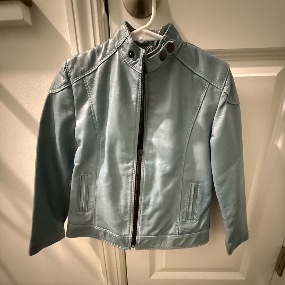 Kids Light Blue Genuine Leather Jacket with Stand Collar. Made in Italy. Size 6.